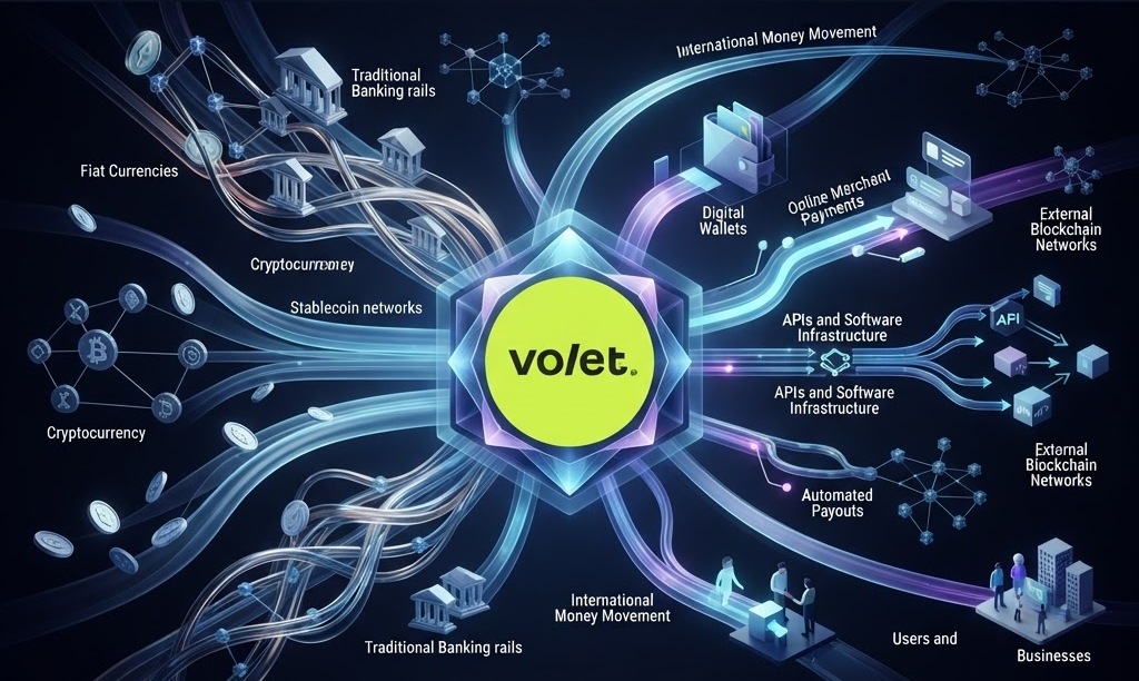 Volet connecting fiat currencies, stablecoin networks, traditional banking rails, digital wallets, merchant payments, APIs, businesses, and automated payouts